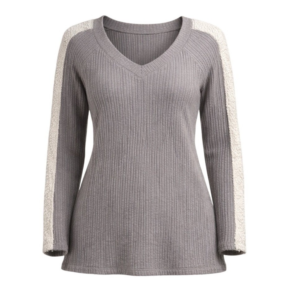 Kori America Womens Grey Ribbed V-Neck Top Sherpa Trim Long Sleeve Small Sweater